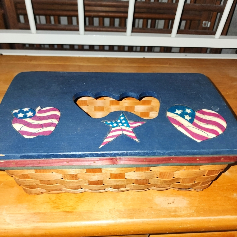 Tissue box Basket holder red, white & blue motif on top.  Great shape as shown.